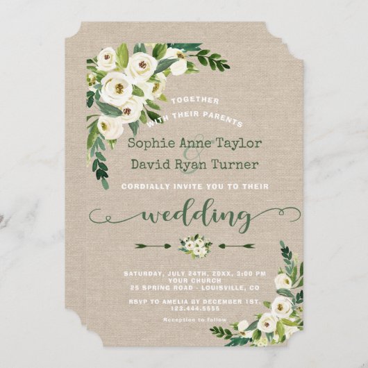 Invitation Rustique blanc Floral Burlap Mariage écriture manu (Devant / Derrière)