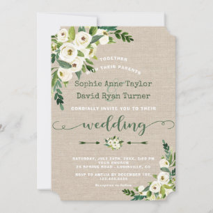 Invitation Rustique blanc Floral Burlap Mariage écriture manu