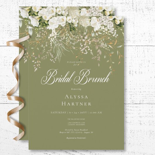 Invitation Rustique Blanc Floral Drop Sage Vert Bridal Brunch