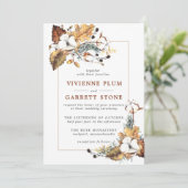 Invitation Rustique Blanc Floral Or Automne Feuilles Mariage (Debout devant)