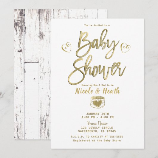 Invitation Rustique Blanc Grange Bois Chic Baby shower Or (Devant / Derrière)