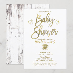 Invitation Rustique Blanc Grange Bois Chic Baby shower Or  