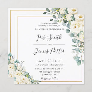 Invitation Rustique blanc ivoire Floral Eucalyptus Mariage or