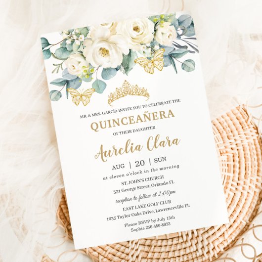 Invitation Rustique blanc ivoire Floral Eucalyptus Quinceañer