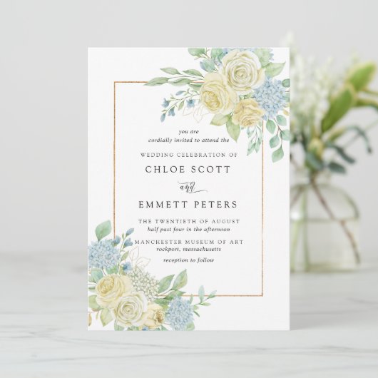 Invitation Rustique Blanc Rose bleu Hydrangea Mariage Floral (Debout devant)