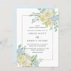 Invitation Rustique Blanc Rose bleu Hydrangea Mariage Floral