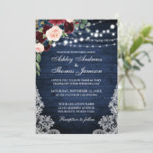 Invitation Rustique Bleu Bois Bourgogne Bleu Floral Mariage (Debout devant)