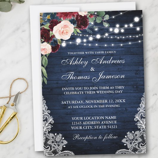 Invitation Rustique Bleu Bois Bourgogne Bleu Floral Mariage