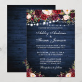 Invitation Rustique Bleu Bois Bourgogne Floral Lumières Maria (Devant / Derrière)