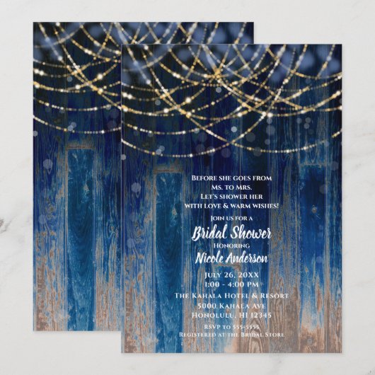 Invitation Rustique Bleu Bois de Grange Côtière Bokeh Fête de (Devant / Derrière)