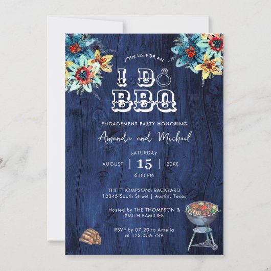 Invitation Rustique Bleu Bois Je fais BBQ (Devant)