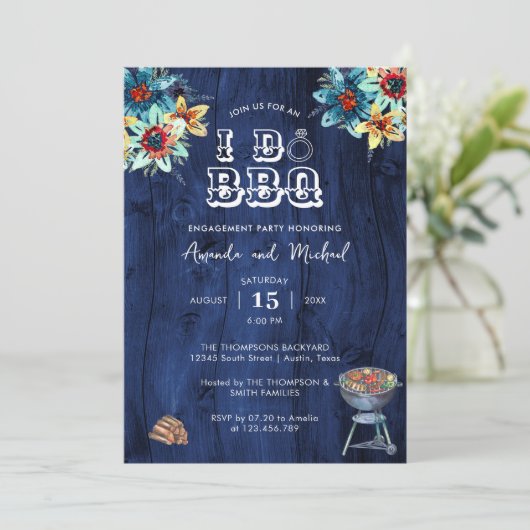 Invitation Rustique Bleu Bois Je fais BBQ (Debout devant)