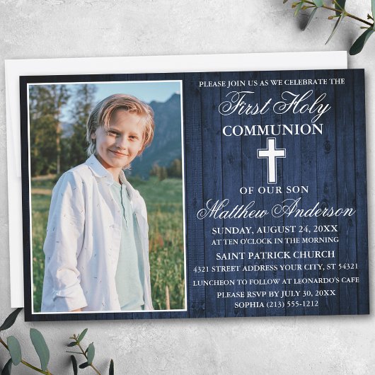 Invitation Rustique Bleu Bois Première Sainte Communion Photo