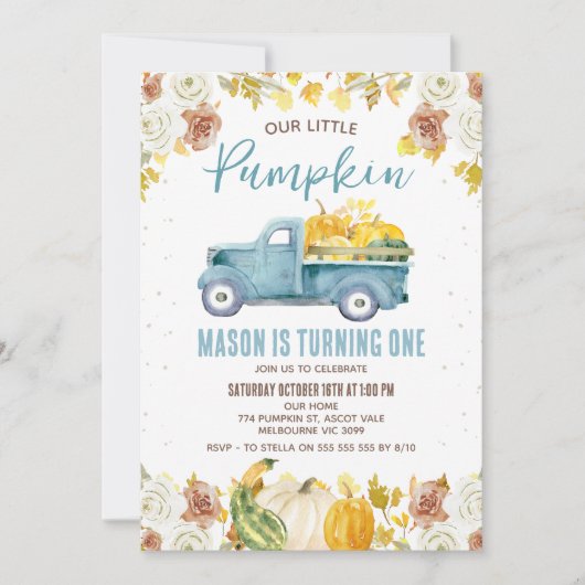 Invitation Rustique Bleu Brown Automne Citrouille Camion 1er (Devant)