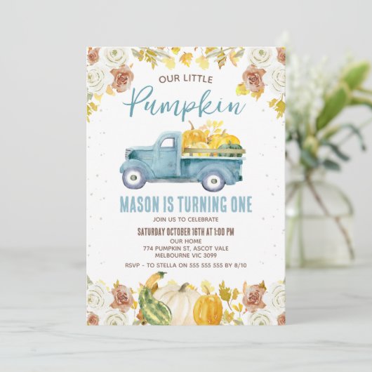 Invitation Rustique Bleu Brown Automne Citrouille Camion 1er (Debout devant)