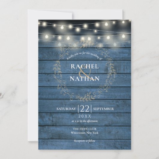 Invitation Rustique Bleu Chaîne Lumière Mariage Garland (Devant)