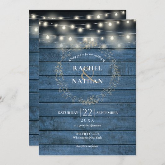 Invitation Rustique Bleu Chaîne Lumière Mariage Garland (Devant / Derrière)