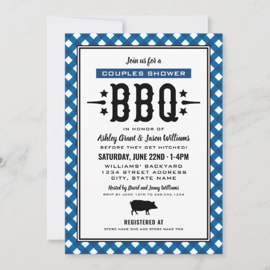 Invitation Rustique Bleu En vichy Mariage Couples Douche BBQ (Devant)