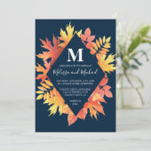 Invitation Rustique Bleu et Orange Feuilles Mariage (Debout devant)