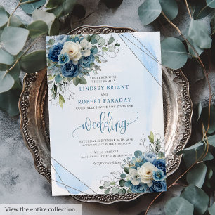 Invitation Rustique Bleu foncé Roses Blanches Mariage Argent 