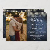 Invitation Rustique Bleu Grange Bois Chaîne Lumières Mariage (Devant / Derrière)