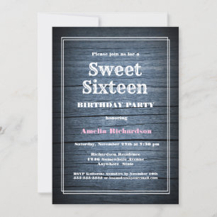 Invitation Rustique Bleu Grange Bois doux 16 Anniversaire Fêt
