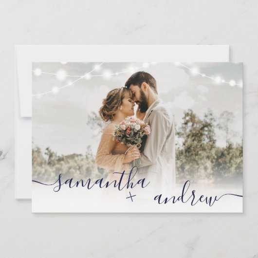 Invitation Rustique bleu marine lumières script 4 photos mari (Devant)