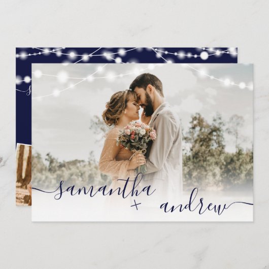 Invitation Rustique bleu marine lumières script 4 photos mari (Devant / Derrière)