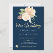 Invitation Rustique bleu marine pêche peonies bouquet mariage (Devant)