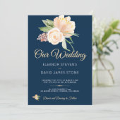 Invitation Rustique bleu marine pêche peonies bouquet mariage (Debout devant)