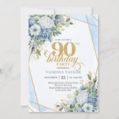 Invitation Rustique Bleu Poussiéreux 90e Anniversaire Floral  (Devant)