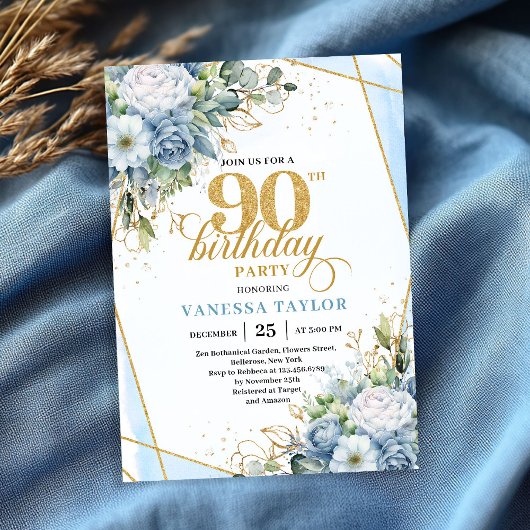 Invitation Rustique Bleu Poussiéreux 90e Anniversaire Floral 