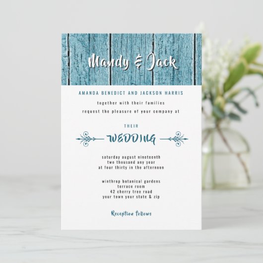 Invitation Rustique Bleu Shiplap Bois élégant Mariage moderne (Debout devant)