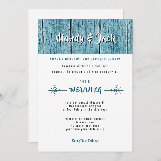 Invitation Rustique Bleu Shiplap Bois élégant Mariage moderne (Devant / Derrière)
