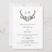 Invitation Rustique Blue Floral Stag Antlers Mariage (Devant)
