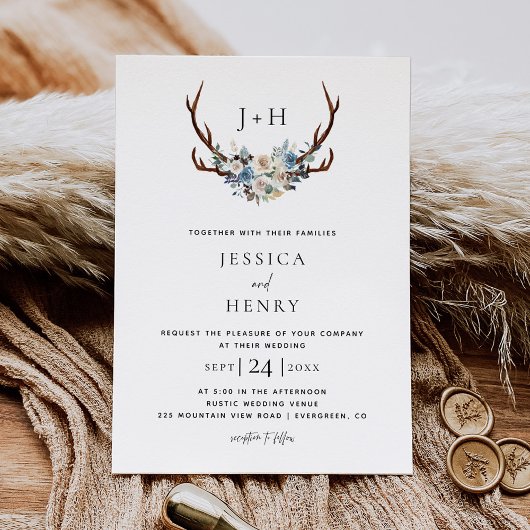 Invitation Rustique Blue Floral Stag Antlers Mariage