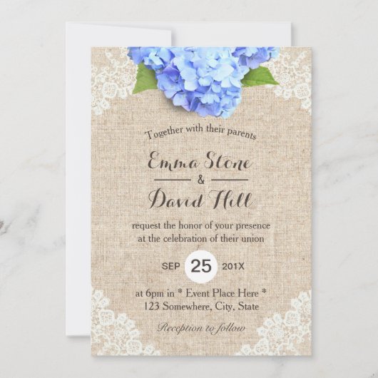 Invitation Rustique Blue Hydrangea Floral dentelle & Mariage (Devant)