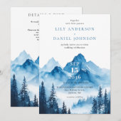 Invitation Rustique Blue Watercolor Mountain QR Code Mariage (Devant / Derrière)