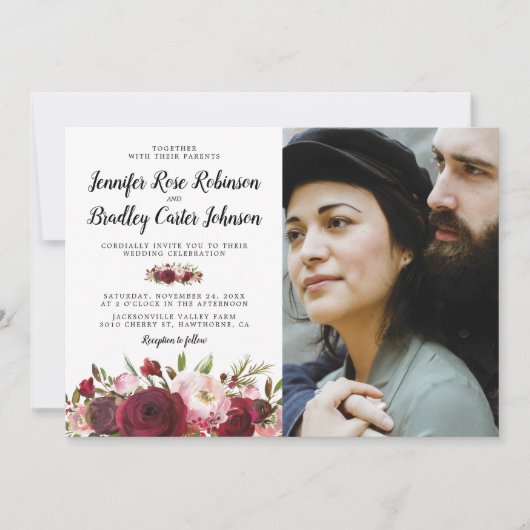 Invitation Rustique Blush Bourgogne Fleurs Mariage photo (Devant)