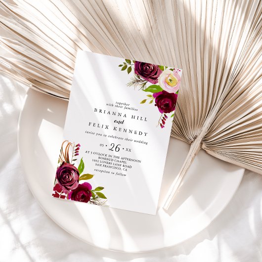 Invitation Rustique Blush Bourgogne Floral Décontracté Mariag