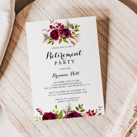 Invitation Rustique Blush Bourgogne Floral Retraite Party