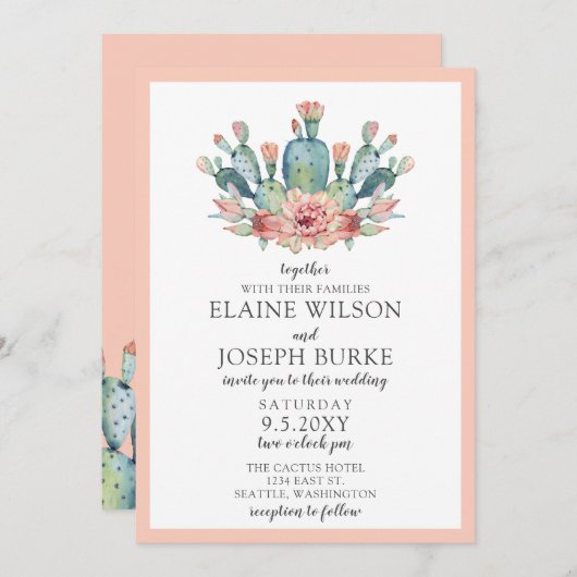 Invitation Rustique Blush Cactus Botanique Nature Mariage du  (Devant / Derrière)