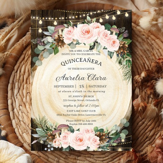 Invitation Rustique Blush Floral Enchanted Forest Quinceañera