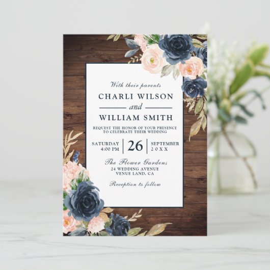 Invitation Rustique Blush & Navy Floral Frame Mariage (Debout devant)