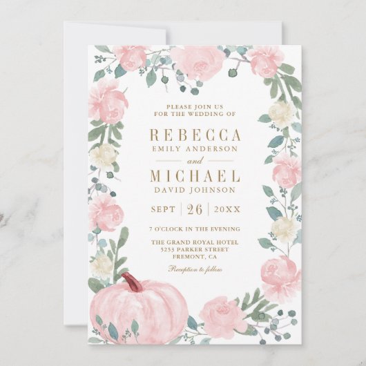 Invitation Rustique Blush rose Floral Citrouille QR Code Mari (Devant)