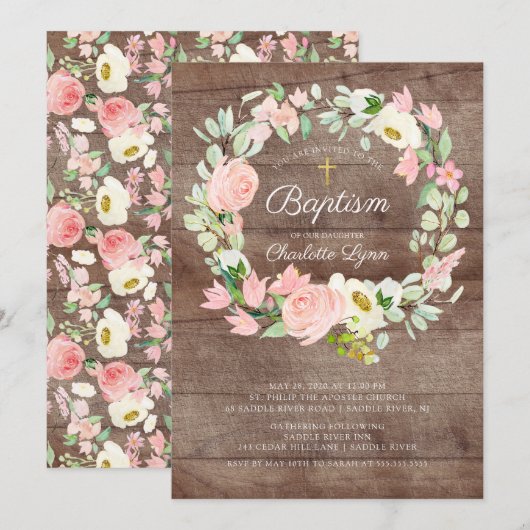 Invitation Rustique Blush Rose Floral Girls Baptême (Devant / Derrière)