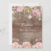Invitation Rustique Blush rose Floral Gold Cross Baptême (Devant)