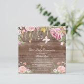 Invitation Rustique Blush Rose Floral Première Communion Sain (Debout devant)