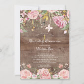 Invitation Rustique Blush Rose Floral Première Communion Sain (Devant)