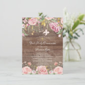 Invitation Rustique Blush Rose Floral Première Communion Sain (Debout devant)